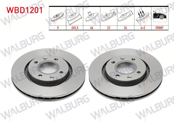 WALBURG WBD1201 | Fren Diski Ön Havalı 4 Bjn 265,5X22x66x34 Partner 2.0-1.6 96-08 / Berlingo 1.6 HDI-2.0 HDI 96-08 / C-Elysee 1.6 HDI-1.6 VTI 12-/ 301 1.6 12-/ C3 1.6-1.6 HDI 02-09 / Opel Corsa F 19-Crossland X 19-| 2 Adet