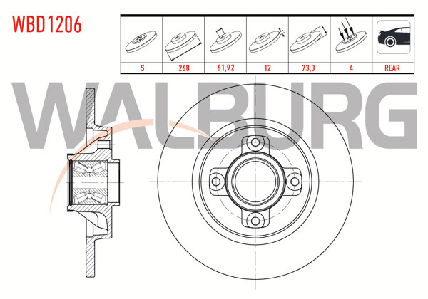 WALBURG WBD1206 | Fren Diski Arka Düz 4 Bjn 267,8X12x61,92X73,2 Partner Tepee 1.6 HDI Porya Rulmanlı Manyetık ABS Okuyuculu 2008-/ Berlingo 1.6 HDI 2008-/ C4 1.6 HDI-1.6 VTI-1.6 2009-/ 308 1.6 HDI 2007-2013 | 2 Adet