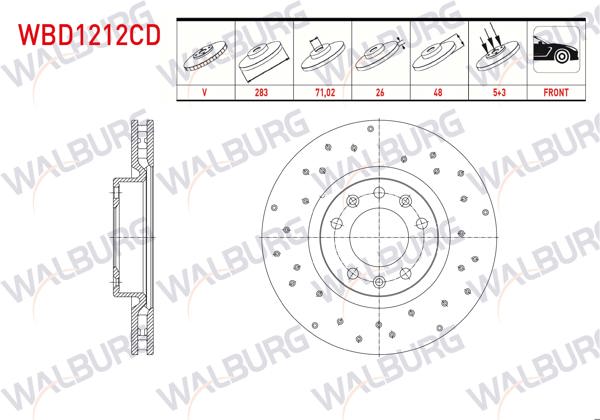 WALBURG WBD1212CD | Fren Diski Ön Havalı Kaplamalı Performans Delikli 5 Bjn 283X26x71,02X48 308 II 1.6 HDI 16 Jant 2014-/ 308 II 2.0 HDI 2014-/ 308 II 1.2 Thp 2014-/ 308 II 1.6 2014-| 2 Adet