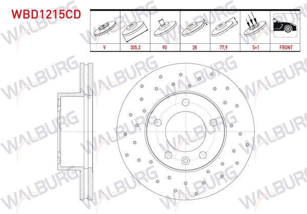 WALBURG WBD1215CD | Fren Diski Ön Havalı Kaplamalı Performans Delikli 5 Bjn 305,3X28x90x77,9 Renault Master II 1.9 DCI-1.9 Dtı-2.5 DCI 16 Jant 1998-2010 / Opel Movano A 2.5 D 16 Jant 2001-2010 | 2 Adet
