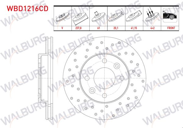 WALBURG WBD1216CD | Fren Diski Ön Havalı Kaplamalı Performans Delikli 4 Bjn 237,8X20,1X61x41,15 Kangoo 1.5 DCI 1998-2008 / Clio II 1.2İ-1.4İ-1.6İ 1998-2005 / Symbol II 1.4-1.5 DCI 2008-2012 / Megane I 1.4 16V 1996-2003 | 2 Adet