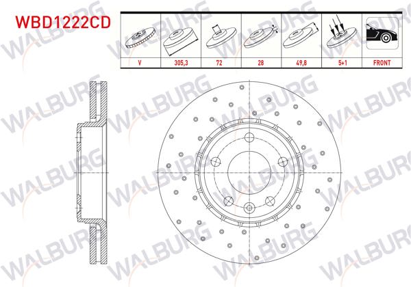 WALBURG WBD1222CD | Fren Diski Ön Havalı Kaplamalı Performans Delikli 5 Bjn 305,3X28x72x49,8 Renault Traffic II 1.9 DCI-2.0 DCI 2001-2014 / Opel Vivaro (J7) 1.9 Dtı 2002-2014 / Vivaro (X83) 2.0 CDTI 2015-| 2 Adet