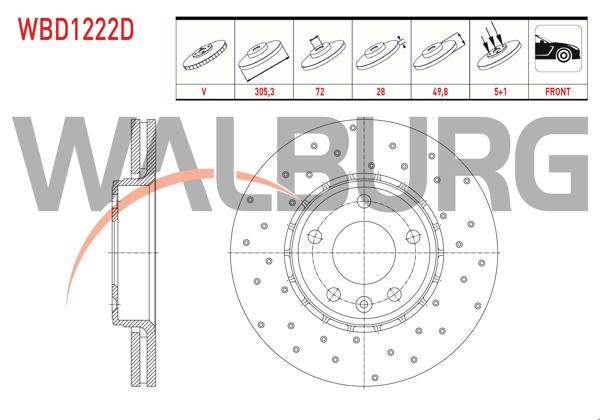 WALBURG WBD1222D | Fren Diski Ön Havalı Performans Delikli 5 Bjn 305,3X28x72x49,8 Renault Traffic II 1.9 DCI-2.0 DCI 2001-2014 / Opel Vivaro (J7) 1.9 Dtı 2002-2014 / Vivaro (X83) 2.0 CDTI 2015-| 2 Adet