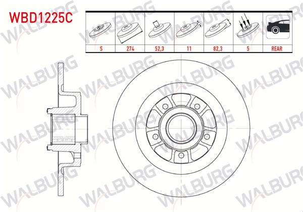 WALBURG WBD1225C | Fren Diski Arka Düz Kaplamalı 5 Bjn 274X11x61,92X82 Renault Laguna II 1.6İ 16V-1.9 DCI-2.0İ 16V Porya Rulmanlı Manyetık ABS Okuyuculu 2001-2007 | 2 Adet