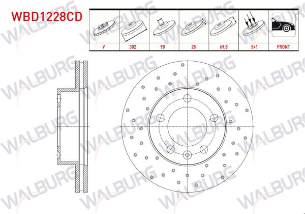 WALBURG WBD1228CD | Fren Diski Ön Havalı Kaplamalı Performans Delikli 5 Bjn 302X28x90x69,8 Renault Master III (Fv) 2.3 DCI 2010-/ Master III (Fv) 2.5 DCI 2010-| 2 Adet