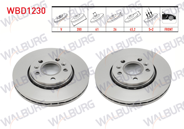 WALBURG WBD1230 | Fren Diski Ön Havalı 5 Bjn 280X26x61x45 Renault Kangoo Express (Fc0 / 1_) 1.5 DCI 2008-/ Kangoo (Kw0 / 1) 1.5 DCI 2008-| 2 Adet