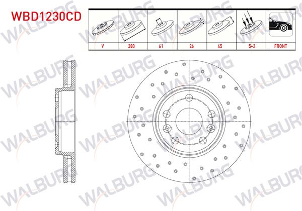 WALBURG WBD1230CD | Fren Diski Ön Havalı Kaplamalı Performans Delikli 5 Bjn 280X26x61x45 Renault Kangoo Express (Fc0 / 1_) 1.5 DCI 2008-/ Kangoo (Kw0 / 1) 1.5 DCI 2008-| 2 Adet