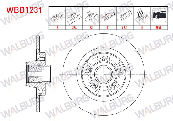 WALBURG WBD1231 | Fren Diski Arka Düz 5 Bjn 274X11x61,92X88,2 Renault Kangoo Express (Fc0 / 1_) 1.5 DCI Manyetık ABS Halkalı Poryalı Rulmanlı 2008-/ Kangoo (Kw0 / 1) 1.5 DCI 2008-| 2 Adet