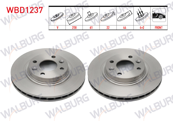 WALBURG WBD1237 | Fren Diski Ön Havalı 4 Bjn 258X22x44x61 Renault Symbol Thalia 2008-2012 / Symbol III 2012-/ Clio IV 2012-2020 / Clio V 1.5 DCI 2019-/ Talıant 1.5 DCI 2020-/ Captur I 2013-2021 | 2 Adet