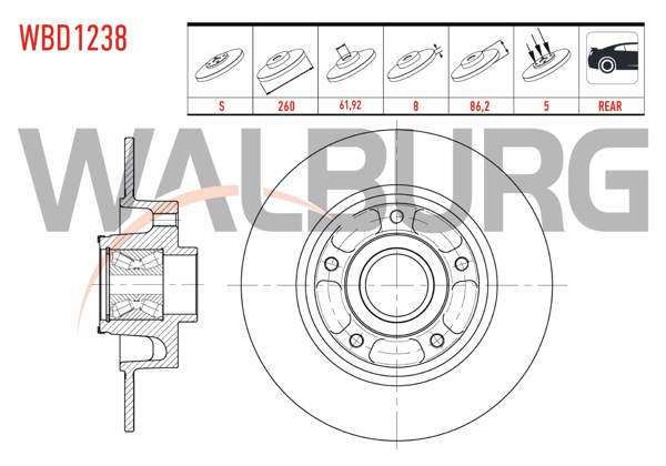 WALBURG WBD1238 | Fren Diski Arka Düz 5 Bjn 260X8x62x86 Renault Renault Megane III 1.6İ 16V-1.5 DCI Porya Rulmanlı Manyetık ABS Okuyuculu 2008-2015 / Scénıc III (Jz0 / 1) 1.5 DCI-1.6 16V 2009-| 2 Adet