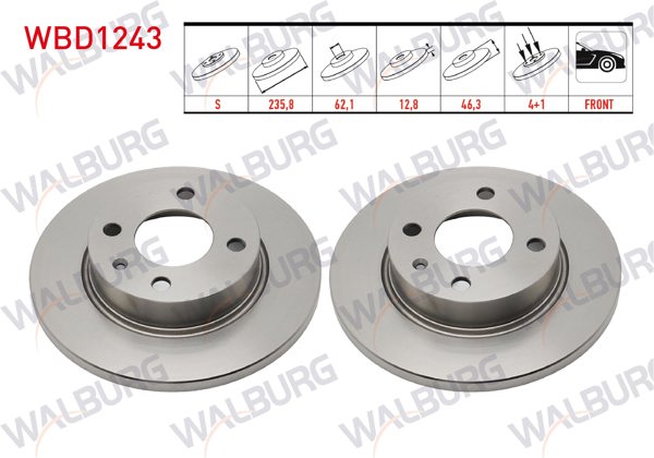 WALBURG WBD1243 | Fren Diski Ön Düz 4 Bjn 235,8X12,8X62,1X46,3 Skoda Felicia (6U1) 1.3 1994-2002 / Felicia (6U1) 1.6 1994-2002 / Felicia (6U1) 1.9 D 1994-2002 | 2 Adet