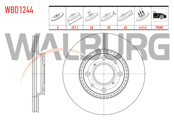 WALBURG WBD1244 | Fren Diski Ön Havalı 4 Bjn 251,7X20x60x40 Suzuki Swift III 1.3İ 2005-2010 / Swift III 1.3 Ddıs 2005-2010 / Swift III 1.5İ 2005-2010 / Splash 1.2İ 2008-/ Splash 1.3 Ddıs 2008-| 2 Adet