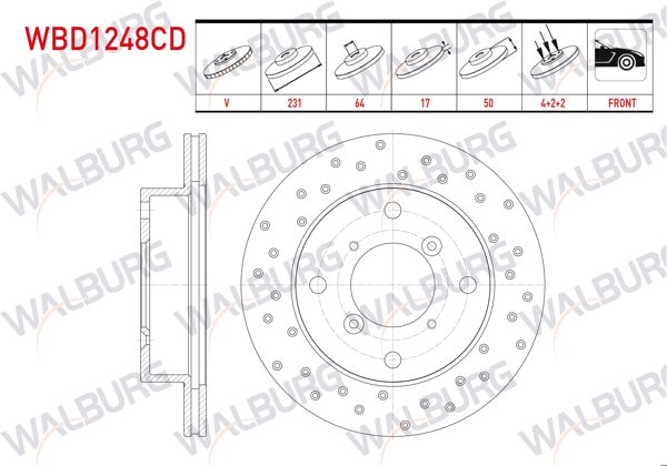 WALBURG WBD1248CD | Fren Diski Ön Havalı Kaplamalı Performans Delikli 4 Bjn 231,3X17x64x50 Suzuki Swift II (Ea,Ma) 1.3İ 1989-2004 / Alto III (Ef) 1.0 1994-2002 | 2 Adet