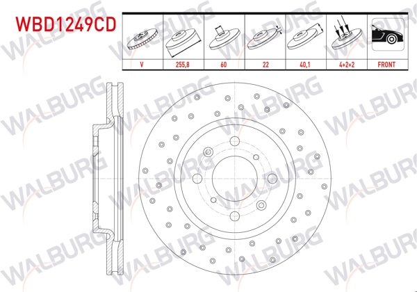 WALBURG WBD1249CD | Fren Diski Ön Havalı Kaplamalı Performans Delikli 4 Bjn 255,8X22x60x40,1 Suzuki Swift IV (Fz,Nz) 1.2 2010-/ Swift IV (Fz,Nz) 1.3 Ddıs 2010-| 2 Adet