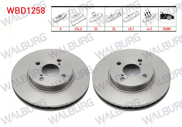 WALBURG WBD1258 | Fren Diski Ön Havalı 4 Bjn 254,8X25x55x49,1 Toyota Corolla (_E12_) 1.4 Vvt-I 2002-2007 / Toyota Corolla (_E12_) 1.6 Vvt-I 2002-2007 / Corolla (_E12_) 1.8 Vvt-I 2002-2007 | 2 Adet