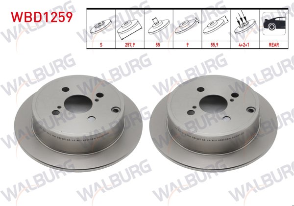 WALBURG WBD1259 | Fren Diski Arka Düz 4 Bjn 257,9X9x55x55,9 Toyota Corolla (_E12_) 1.4 Vvt-I 2002-2007 / Corolla (_E12_) 1.6 Vvt-I 2002-2007 / Corolla (_E12_) 1.8 Vvt-I 2002-2007 | 2 Adet