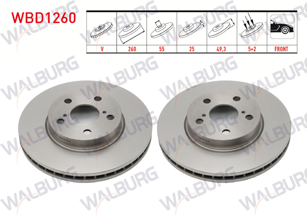 WALBURG WBD1260 | Fren Diski Ön Havalı 5 Bjn 260X25x55x49,3 Toyota Avensis (T22) 1.6İ 1997-2003 / Avensis (T22) 2.0İ 1997-2003 | 2 Adet