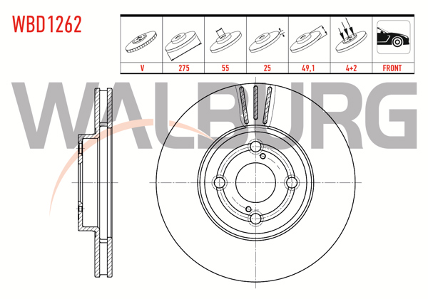 WALBURG WBD1262 | Fren Diski Ön Havalı 4 Bjn 275X25x55x49,1 Toyota Corolla 1.4 D-4D 2002-2007 / Corolla 2.0 D 2002-2007 / Corolla 2.0 D-4D 2002-2007 | 2 Adet