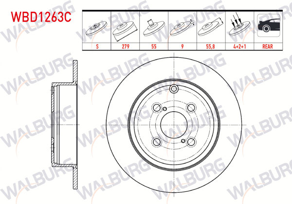 WALBURG WBD1263C | Fren Diski Arka Düz Kaplamalı 4 Bjn 279X9x55x55,8 Toyota Corolla (_E12_) 1.4 D-4D 2002-2007 / Corolla 2.0 D 2002-2007 / Corolla 2.0 D-4D 2002-2007 | 2 Adet