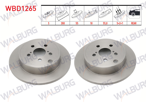 WALBURG WBD1265 | Fren Diski Arka Düz 5 Bjn 280X10x55x55,8 Toyota Avensis 1.6 Vvt-I 2003-2008 / Avensis 1.8 2003-2008 / Avensis 2.0 D-4D 2003-2008 | 2 Adet