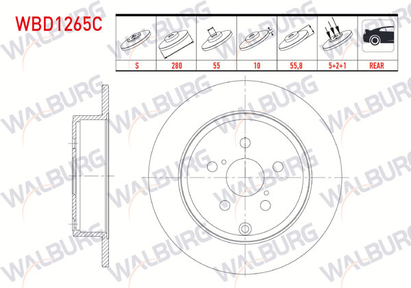 WALBURG WBD1265C | Fren Diski Arka Düz Kaplamalı 5 Bjn 280X10x55x55,8 Toyota Avensis 1.6 Vvt-I 2003-2008 / Avensis 1.8 2003-2008 / Avensis 2.0 D-4D 2003-2008 | 2 Adet