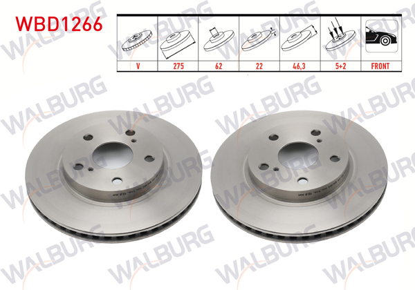 WALBURG WBD1266 | Fren Diski Ön Havalı 5 Bjn 275X22x62x46,3 Toyota Corolla 1.4 Vvt-I 2007-2012 / Corolla 1.6 Vvt-I 2007-2012 / Auris 1.4 D-4D 2007-2012 / Auris 1.6 Vvt-I 2007-2012 | 2 Adet