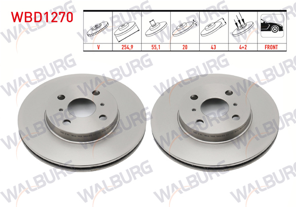 WALBURG WBD1270 | Fren Diski Ön Havalı 4 Bjn 254,9X20x55,1X43 Toyota Yaris 1.0İ 1999-2005 / Yaris 1.3İ 1999-2005 / Yaris 1.4 D-4D 1999-2005 / Yaris 1.5 Vvt-I 1999-2005 | 2 Adet