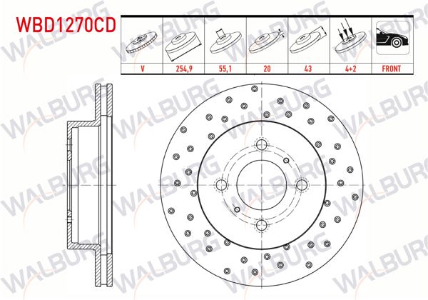 WALBURG WBD1270CD | Fren Diski Ön Havalı Kaplamalı Performans Delikli 4 Bjn 254,9X20x55,1X43 Toyota Yaris 1.0İ 1999-2005 / Yaris 1.3İ 1999-2005 / Yaris 1.4 D-4D 1999-2005 / Yaris 1.5 Vvt-I 1999-2005 | 2 Adet