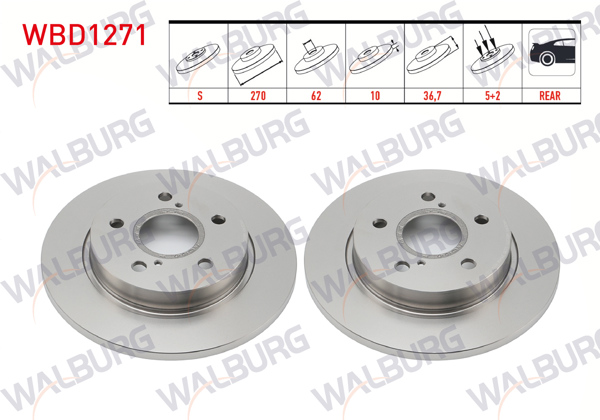 WALBURG WBD1271 | Fren Diski Arka Düz 5 Bjn 270X10x62x36,7 Corolla 1.4 D-4D-1.33 2007-2012 / Auris 1.33 Dual-Vvt-I 2007-2012 / Auris 1.4 D-4D 2007-2012 / Auris 1.33 2012-/ Auris 1.4 D-4D 2012-/ Auris 1.6-1.8 Hybrıd 2012-| 2 Adet