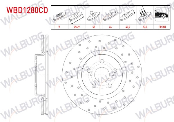 WALBURG WBD1280CD | Fren Diski Ön Havalı Kaplamalı Performans Delikli 5 Bjn 294,9X26x55x49,2 Toyota Avensis (T25) 2.0 D-4D 2003-2008 | 2 Adet