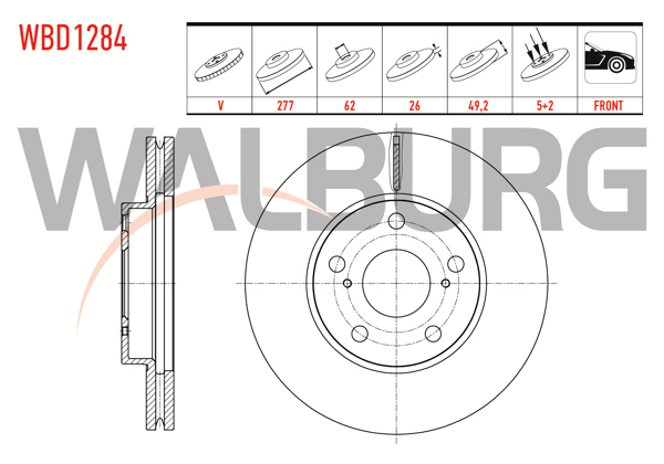 WALBURG WBD1284 | Fren Diski Ön Havalı 5 Bjn 277X26x62x49.3 Toyota Auris 1.33 2012-/ Auris 1.6 2012-/ Auris 1.4 D-4D 2012-/ Corolla 1.33 2012-/ Corolla 1.6 2012-/ Corolla 1.4 D-4D 2012-| 2 Adet