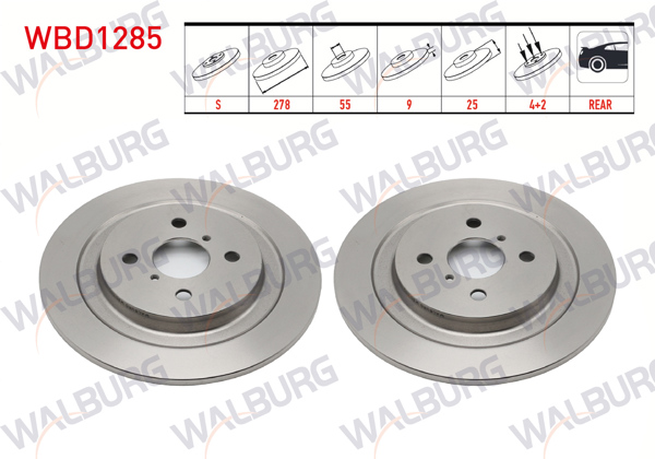 WALBURG WBD1285 | Fren Diski Arka Düz 4 Bjn 278X9x55x25 Yaris 1.0 Vvt-I 2006-2010 / Yaris 1.3 Vvt-I 2006-2010 / Yaris 1.4 D-4D 2006-2010 / Yaris 1.33 Vvt-I 2006-2010 / Yaris 1.33 2011-/ Yaris 1.4 D-4D-1.5 Hybrıd 2011-| 2 Adet