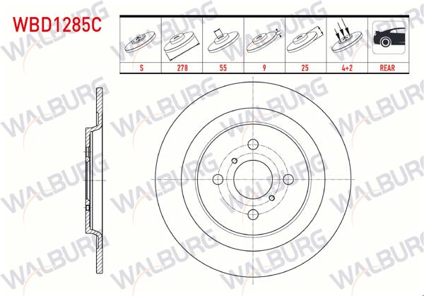 WALBURG WBD1285C | Fren Diski Arka Düz Kaplamalı 4 Bjn 278X9x55x25 Yaris 1.0 Vvt-I 2006-2010 / Yaris 1.3 Vvt-I 2006-2010 / Yaris 1.4 D-4D 2006-2010 / Yaris 1.33 Vvt-I 2006-2010 / Yaris 1.33 2011-/ Yaris 1.4 D-4D-1.5 Hybrıd 11-| 2 Adet