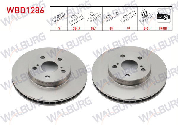 WALBURG WBD1286 | Fren Diski Ön Havalı 5 Bjn 254,7X25x55,1X49 Toyota Carina E 1.6 1992-1997 / Carina E 1.6 1992-1997 / Carina E 1.8İ 1992-1997 | 2 Adet