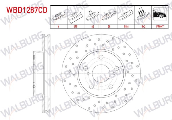 WALBURG WBD1287CD | Fren Diski Ön Havalı Kaplamalı Performans Delikli 5 Bjn 275X28x62x58,6 Toyota Hı-Lux Pick Up (Tgn1_, Ggn2_, Ggn1_, Kun2_, Kun1_) 2.5 D-4D 2008-2011 | 2 Adet
