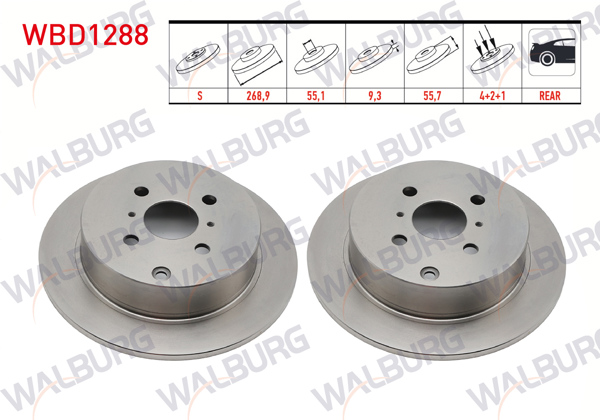 WALBURG WBD1288 | Fren Diski Arka Düz 4 Bjn 268,9X9,3X55x57 Yaris 1.4 D-4D-1.5 Vvt-I-1.3İ 1999-2005 / Corolla 1.6 Vvt-I-1.4 Vvt-I-2.0 D-4D 2001-2007 / Corolla Verso 2.0 D-4D-1.6 Vvt-I 2001-2004 / Yaris Verso 1.4 D 1999-2005 | 2 Adet