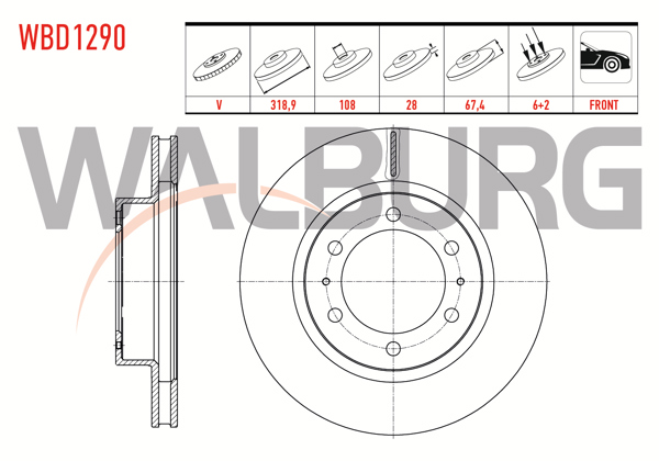 WALBURG WBD1290 | Fren Diski Ön Havalı 6 Bjn 319X28x108x67,5 Toyota Hı-Lux VIII Revo Pick Up (Gun1_,Gun13_) 2.4 D 2015-| 2 Adet
