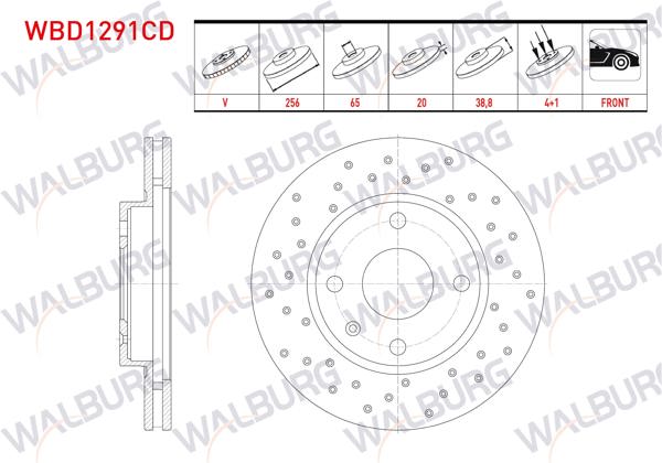 WALBURG WBD1291CD | Fren Diski Ön Havalı Kaplamalı Performans Delikli 4 Bjn 256X20x65x38,8 Polo Classic 1.4-1.6 1995-2001 / Caddy II 1.9 TDI 1995-2004 / Golf III 1.9 TDI 1991-1999 / Polo 1.4 TDI 1994-1999 / Ibiza III 1.6 99-02 | 2 Adet