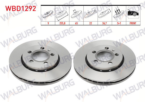 WALBURG WBD1292 | Fren Diski Ön Havalı 5 Bjn 255,8X22x65x36,7 Volkswagen Golf IV (1J1) 1.4İ 16V 1997-2005 | 2 Adet
