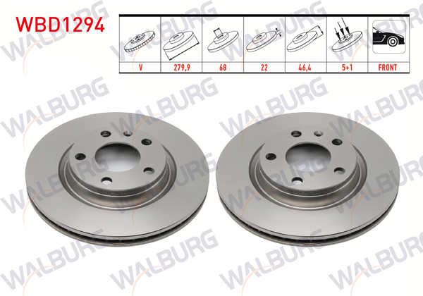 WALBURG WBD1294 | Fren Diski Ön Havalı 5 Bjn 279,9X22x68x46,4 Volkswagen Passat 1.6-1.8-1.8T-1.9 TDI-2.5 TDI 1996-2000 / Audi A4 1.6-1.8-1.8T-1.9 TDI-2.5 TDI 1994-2001 / A4 1.6-1.8-1.9 TDI-2.0 2000-2004 | 2 Adet
