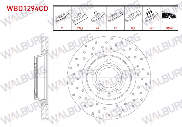 WALBURG WBD1294CD | Fren Diski Ön Havalı Kaplamalı Performans Delikli 5 Bjn 279,9X22x68x46,4 Volkswagen Passat 1.6-1.8-1.8T-1.9 TDI-2.5 TDI 1996-2000 / Audi A4 1.6-1.8-1.8T-1.9 TDI-2.5 TDI 1994-2001 / A4 1.6-1.8-1.9 TDI-2.0 | 2 Adet