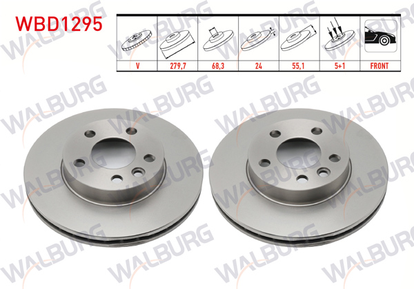 WALBURG WBD1295 | Fren Diski Ön Havalı 5 Bjn 279,7X24x68,3X55,1 Volkswagen Transporter IV 1.9 D 1990-2003 / Transporter IV 2.4 D 1990-2003 / Transporter IV 2.5 TDI 1990-2003 / Transporter IV 2.5 D 1990-2003 | 2 Adet