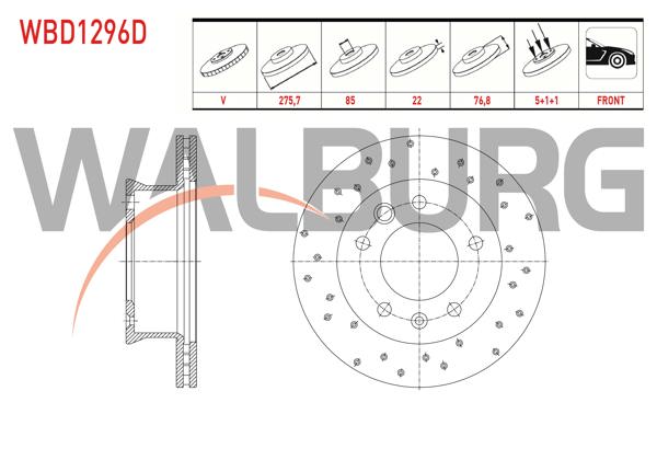 WALBURG WBD1296D | Fren Diski Ön Havalı Performans Delikli 5 Bjn 275,7X22x85x76,8 Volkswagen Lt 28-35 II 2.5 TDI-2.8 TDI 1996-2006 / Lt 28-46 II 2.5 TDI 1996-2006 / Sprinter 2T 208D-210D 1995-2006 / Sprinter 3,5T 313-315 | 2 Adet