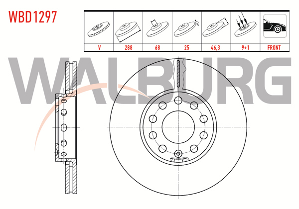 WALBURG WBD1297 | Fren Diski Ön Havalı 5 Bjn 287,6X24,8X68,2X46,3 Volkswagen Passat 1.6-1.8-1.9 TDI 1996-2000 / Superb 1.9 TDI-2.0 TDI 2010-2015 / A4 1.9 TDI 1994-2001 / A4 1.6 2000-2004 / A6 1.9 TDI-1.8 T 1997-2004 | 2 Adet