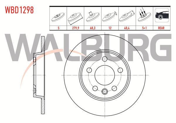 WALBURG WBD1298 | Fren Diski Arka Düz 5 Bjn 279,9X12x68,3X40,4 Volkswagen Transporter IV 1.9 TD 1990-2003 / Transporter IV 2.4 D 1990-2003 / Transporter IV 2.5 TDI 1990-2003 / Transporter IV 2.5 D 1990-2003 | 2 Adet
