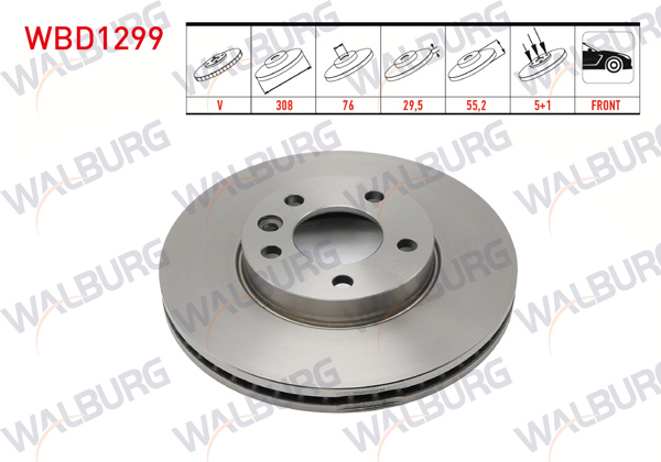 WALBURG WBD1299 | Fren Diski Ön Havalı 5 Bjn 308X29,5X76x55,2 Volkswagen Transporter V 1.9 TDI-2.0 TDI 2.4 2.5 TDI 2003-2015 / Transporter VI 2.0 TDI 2015-/ Transporter VII 2.0 TDI 2019-/ Multıvan V 2003-2015 | 2 Adet