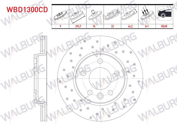 WALBURG WBD1300CD | Fren Diski Arka Havalı Kaplamalı Performans Delikli 5 Bjn 293,7X22x76x44,2 VW Transporter V 1.9 TDI-2.0 TDI-2.4-2.5 TDI 03-15 / Transporter VI 2.0 TDI 15-/ Transporter VII 2.0 TDI 19-/ Multıvan V 03-15 | 2 Adet