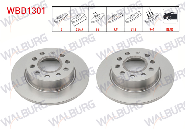 WALBURG WBD1301 | Fren Diski Arka Düz 5 Bjn 253X9,9X65x51,2 Golf V 1.4 TSI-1.6 TDI-2.0 TSI 2003-2009 / Leon 1.6 TDI-1.4 TSI 2005-2012 / A3 1.6-2.0 TFSI 2003-2012 / Octavia 1.6 TDI 2004-2012 / Toledo III 1.6 2004-2009 | 2 Adet