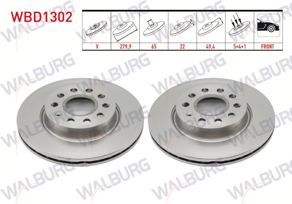 WALBURG WBD1302 | Fren Diski Ön Havalı 5 Bjn 279,9X22x65x49,4 Golf V 1.4 TSI-1.6 TDI-2.0 TSI 2003-2009 / Caddy III 1.9 TDI 2004-2015 / Leon 1.6-2.0 TDI 2005-2012 / A3 1.6-1.8 T 2003-2012 / Octavia 1.4 TSI-1.6 TDI 2004-2012 | 2 Adet