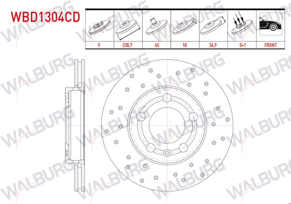 WALBURG WBD1304CD | Fren Diski Ön Havalı Kaplamalı Performans Delikli 5 Bjn 238,7X18x65x34,9 Volkswagen Polo (9N_) 1.2İ 2001-2012 / Polo (9N_) 1.4 TDI 2001-2012 / Skoda Fabia II 1.4 TDI 2006-2015 / Skoda Fabia II 1.6 TDI 06-15 | 2 Adet